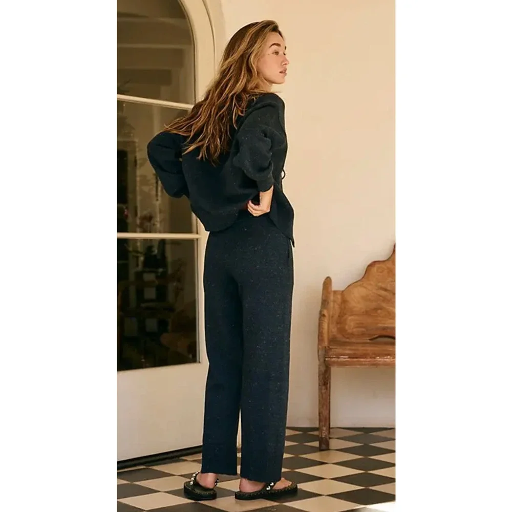 NEW FREE PEOPLE NAVY HEATHER SOLAR SWEATER PANTS SET SZ XS